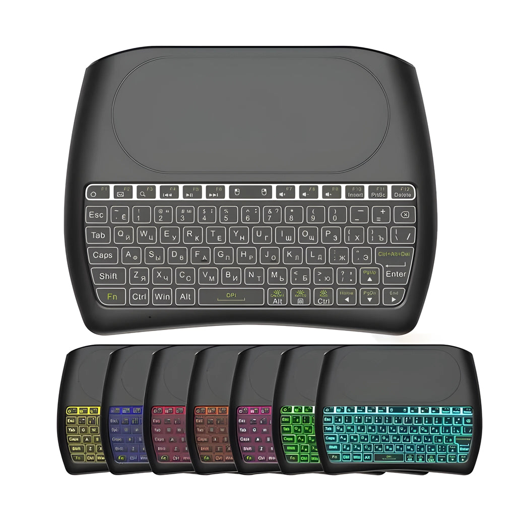 D8 Pro black mini wireless keyboard with touchpad and 78 TPU keys on a desk