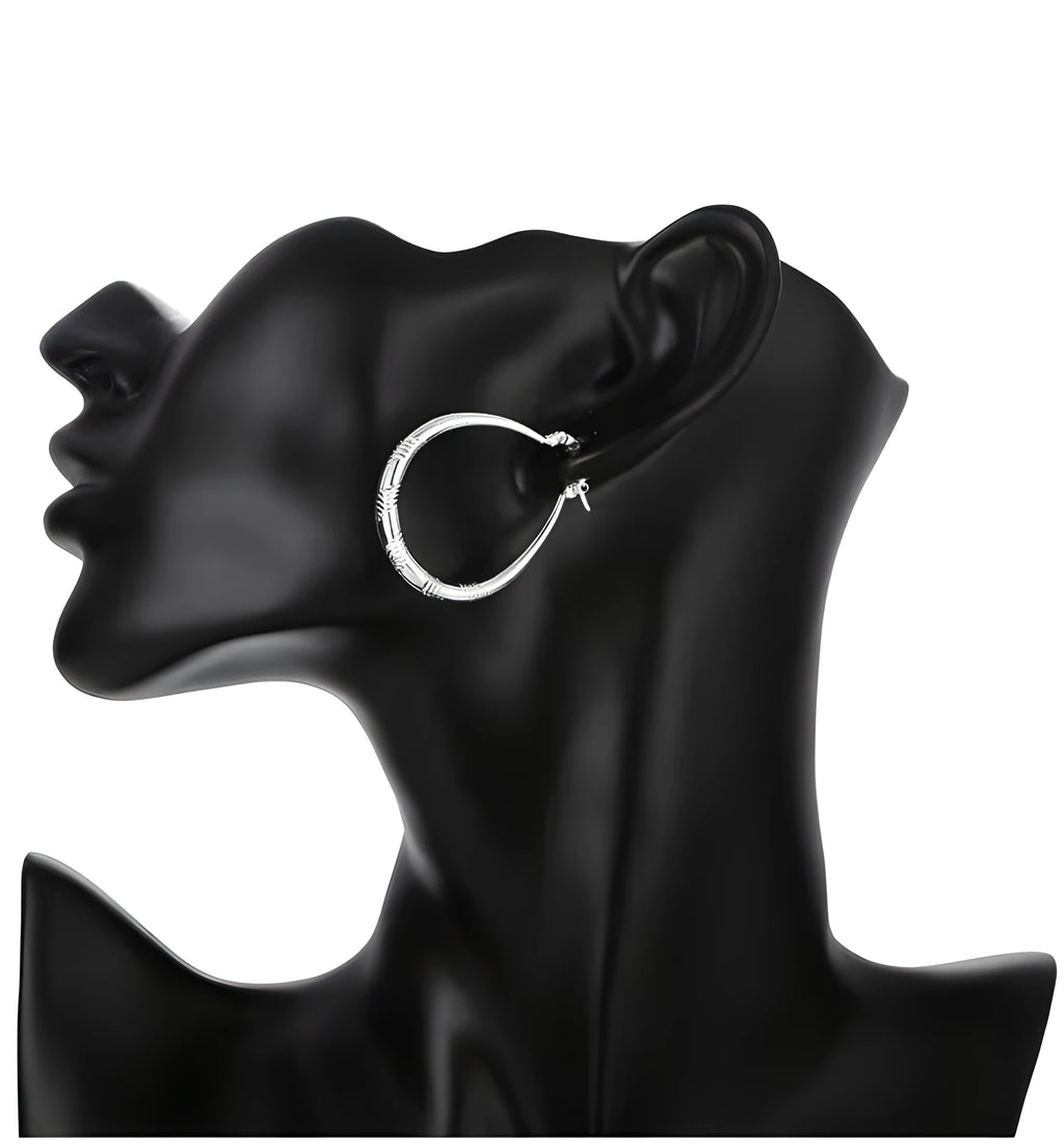 Creative silver tone hoop earrings with copper core and 925 silver plating, 3.9cm by 3.2cm