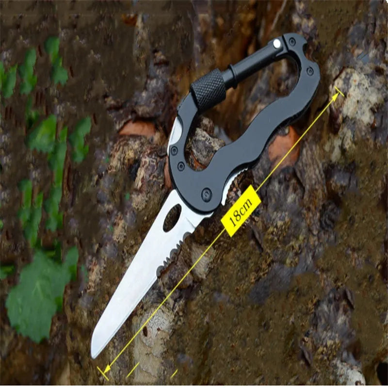 Black multifunctional carabiner hanging buckle with folding knife, 420J2 steel blade, aluminium alloy shell, folded size 10.5cm