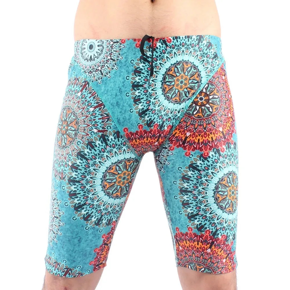 Men's green and navy blue quick-dry swimming trunks with anti-embarrassment lining, loose plus-size fit.