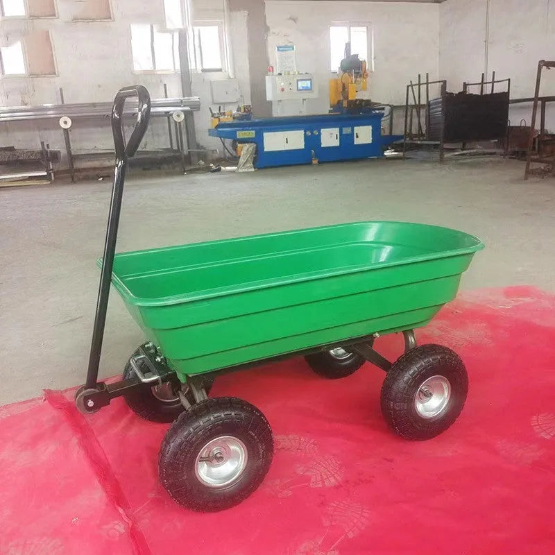 Green four-wheel plastic dump truck with a steel PP body and a tipping load bed.