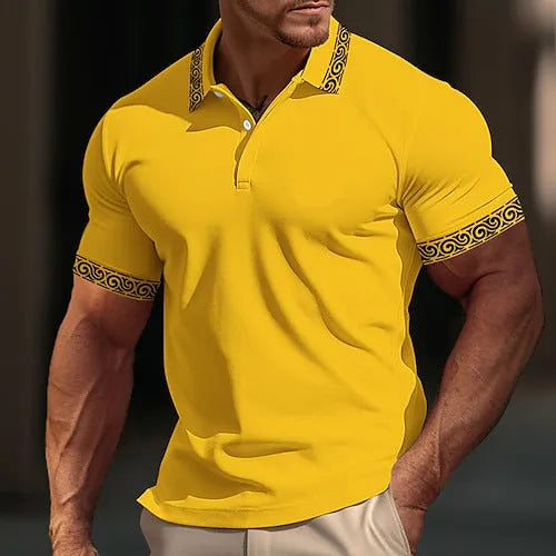 Men's thin lapel button T-shirt in dark blue, loose fit pullover style, polyester blend fabric