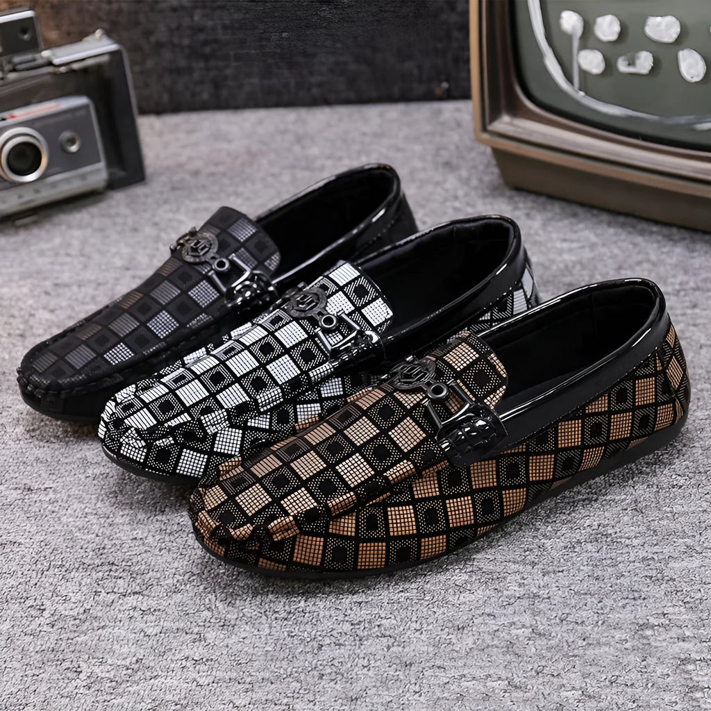 Men's plaid slip-on shoes with artificial PU uppers, flat heel, and cotton lining in black colour