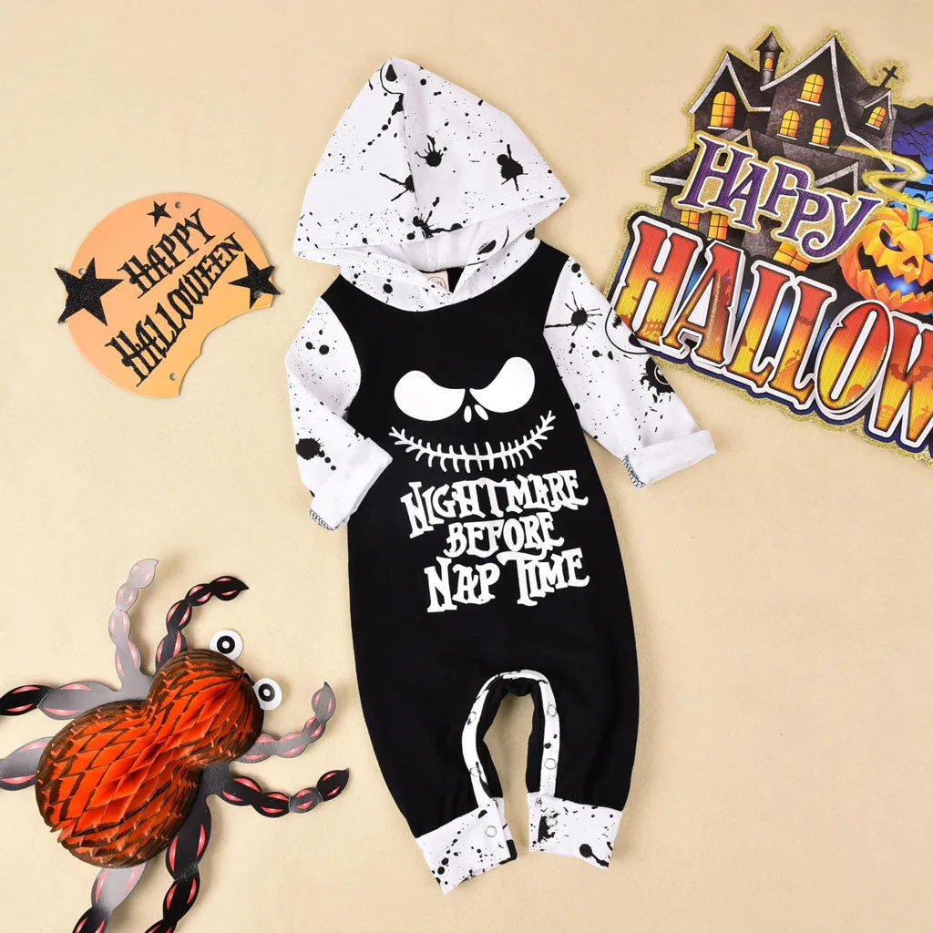 Halloween cotton romper costume with hood and long sleeves in black or brown colour
