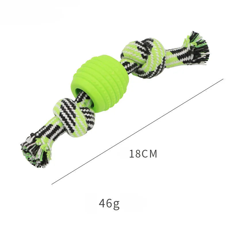 Blue molar-shaped dog chew toy with an integrated rope for dental care and play.