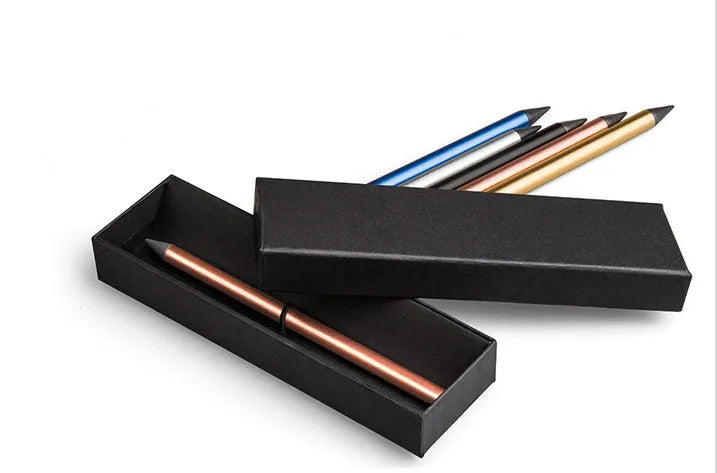Inkless metal pen in silver, gold, rose gold, black, or blue with 0.5mm alloy nib, spare nib, and pen bag.
