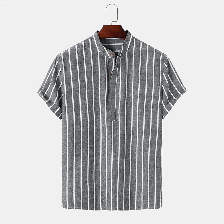 Fashion striped casual men's shirt short sleeve cotton pullover in white, red, gray, blue
