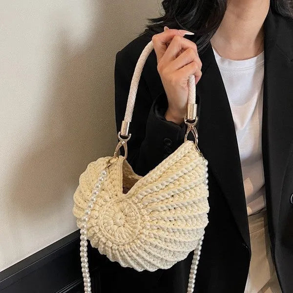 Handmade woven women's shoulder bag in European American retro style with double straps and built-in phone compartment