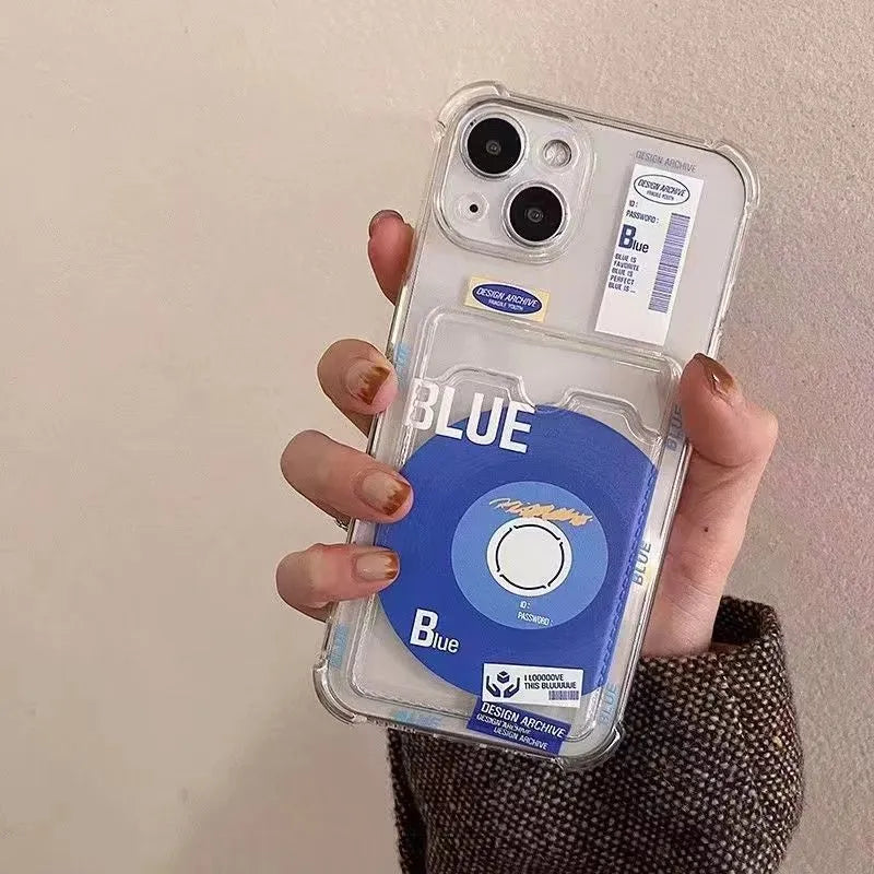 Klein Blue Record transparent card sleeve phone case for iPhone on a white background