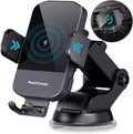 Black car wireless charging stand mounted on dashboard with phone charging