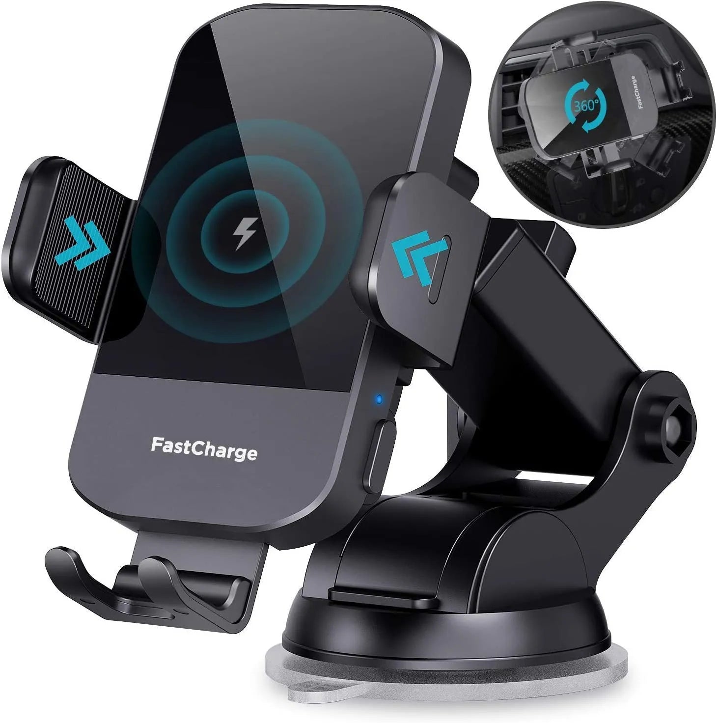 Black car wireless charging stand mounted on dashboard with phone charging
