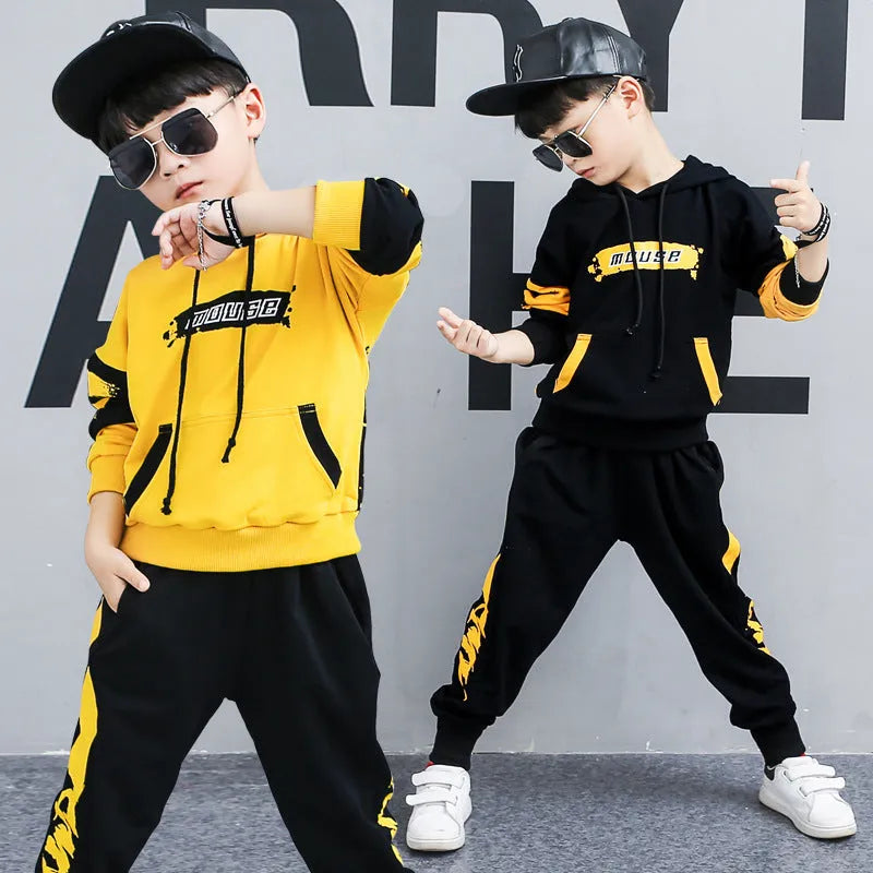 Boys' black and yellow hooded cotton tracksuit sets shown in Korean style