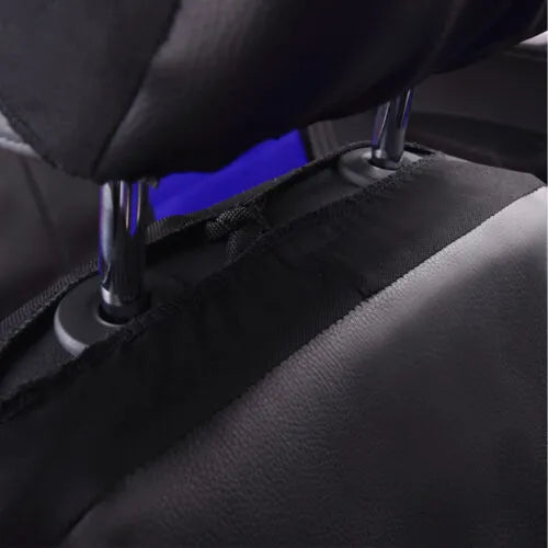 Set of artificial leather car seat covers showing headrest, front seat, and back seat pieces in a choice of colours.