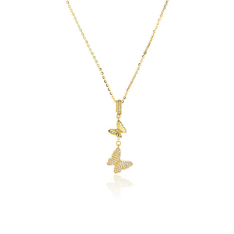 Japanese Korean style light luxury full rhinestone tassel butterfly micro-inlaid necklace on display