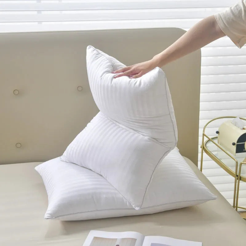 White hotel cotton satin stripe pillow with feather cotton filling showing three size options