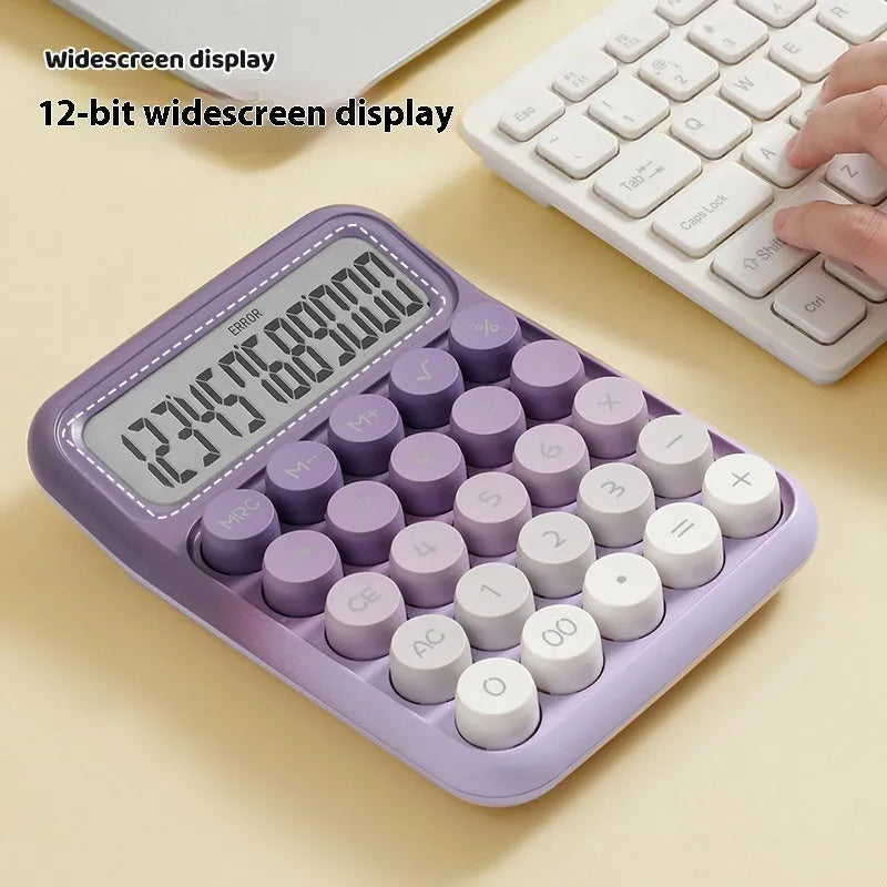 Round mechanical calculator with gradient colour keys in mute blue, green, pink, or purple