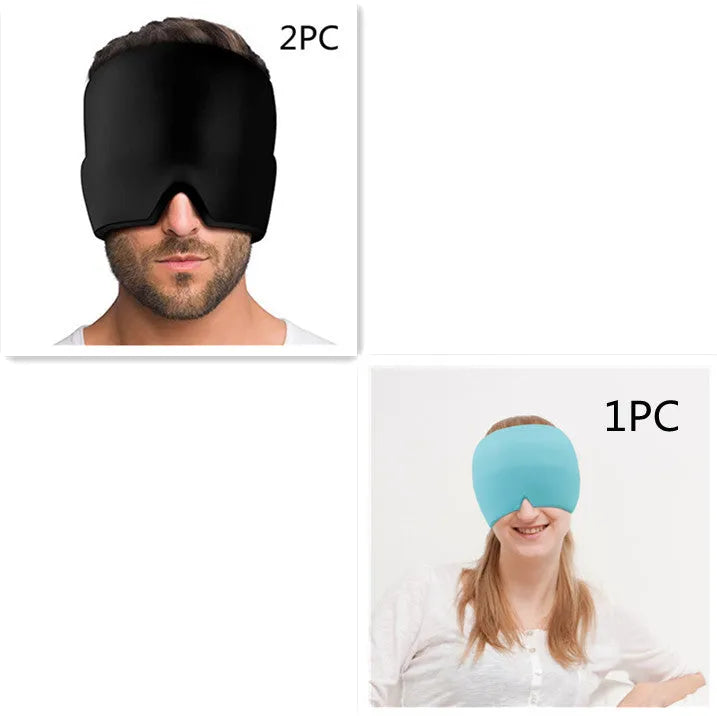 Black cooling gel eye mask for headache relief on a white background.