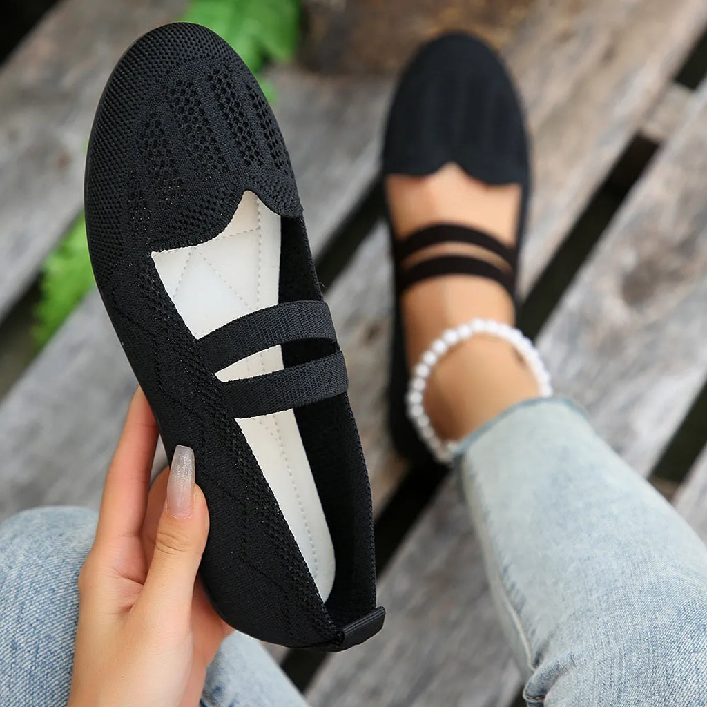 Women's casual mesh flats black low-cut round toe slip-on shoes with hollow detailing and rubber sole