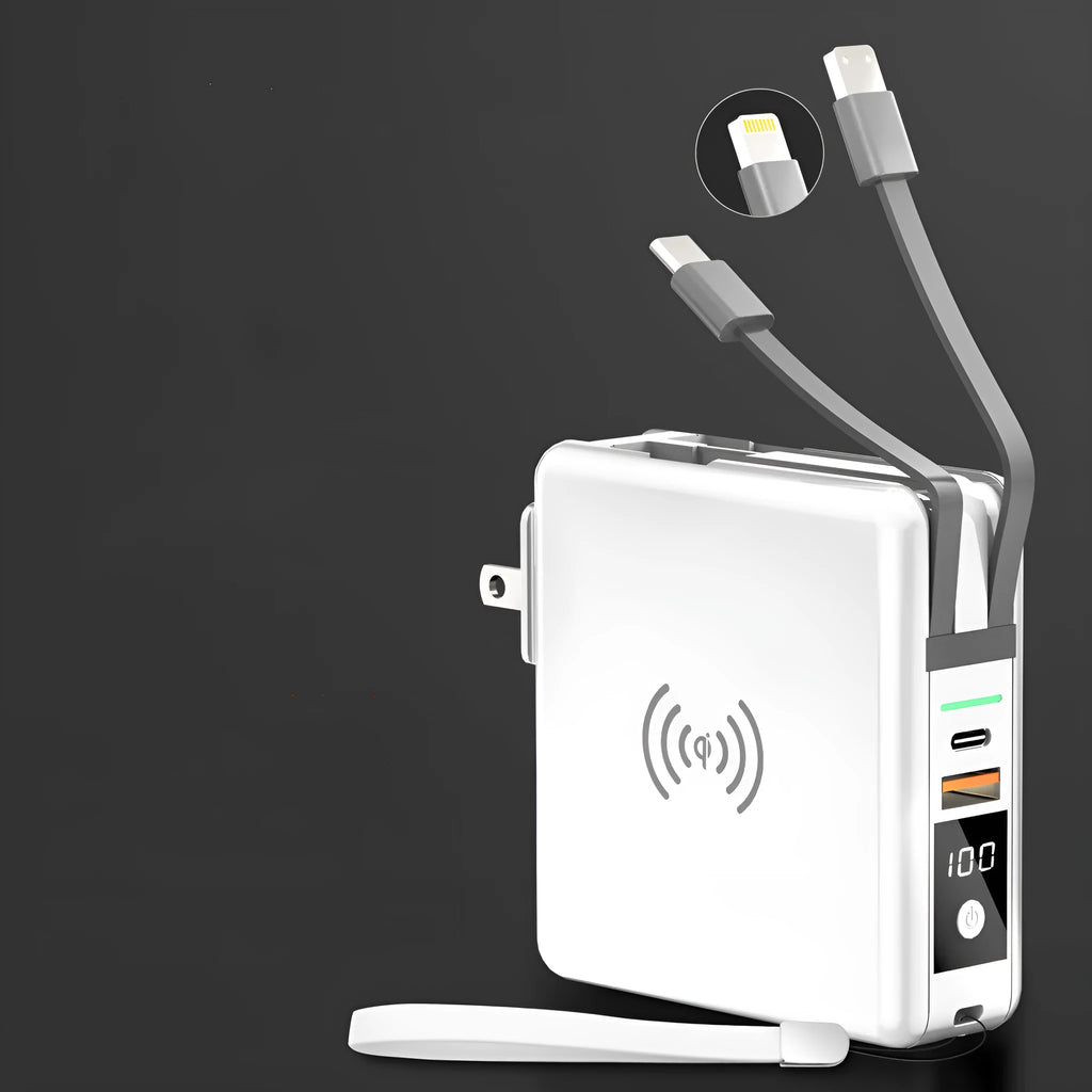 Black and white Super QI wireless power bank with fold-out international plug pins and USB-C port.