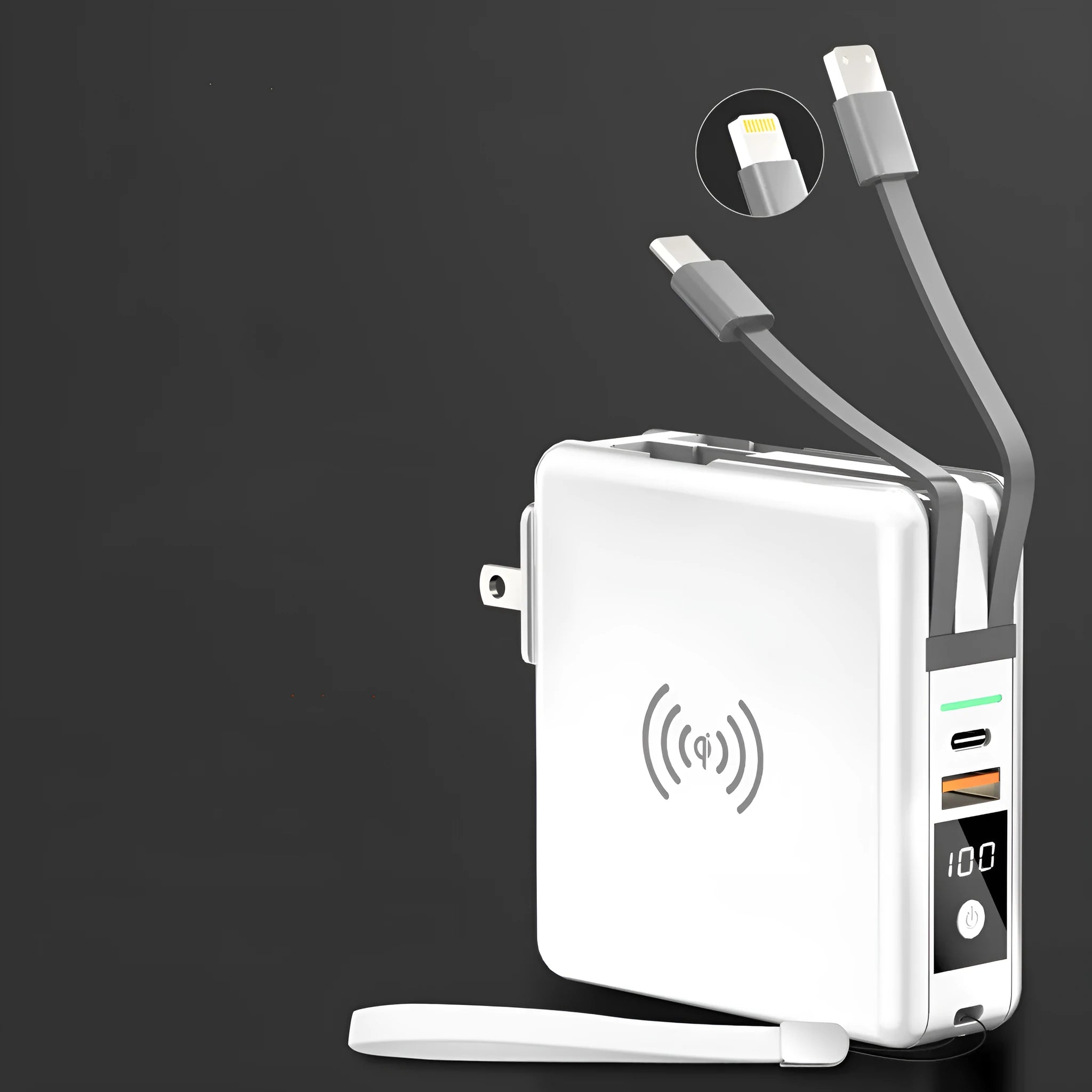 Black and white Super QI wireless power bank with fold-out international plug pins and USB-C port.