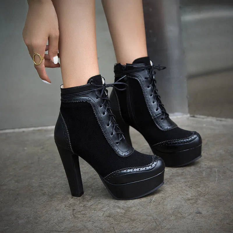 Women's ultra-high heel round toe low-cut Martin boots with waterproof platform, side zipper, black colour