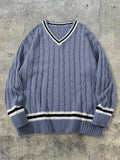 American collegiate style V-neck acrylic sweater in white, loose fit, pullover design for men