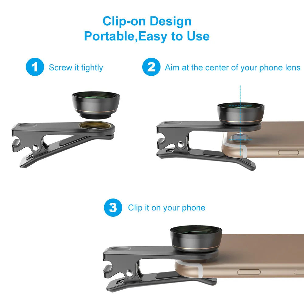 Black 6-in-1 smartphone camera lens kit with fisheye, wide-angle, telephoto, CPL, and star filter lenses and a universal clip.
