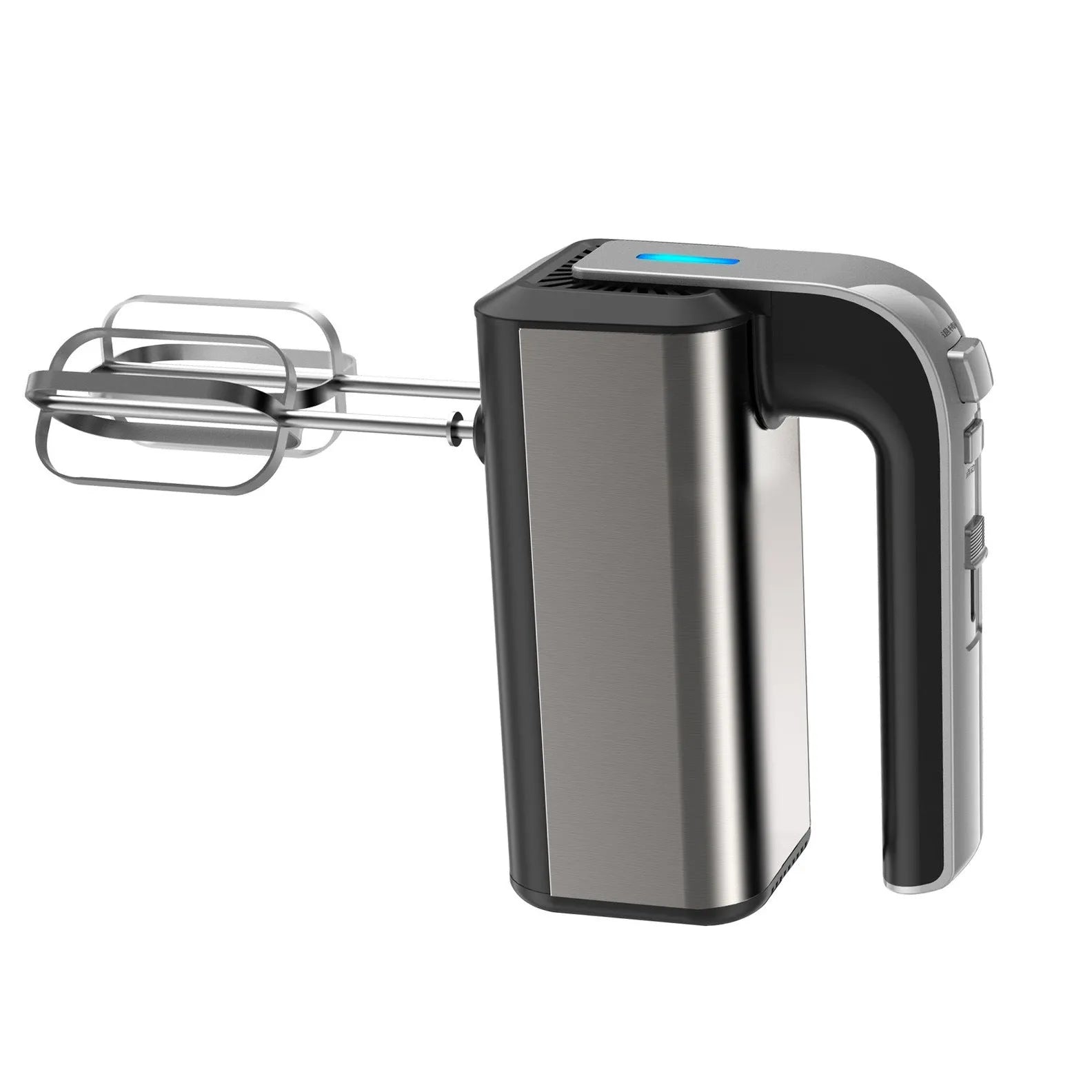 Silver handheld electric whisk with five speed settings and dual voltage compatibility