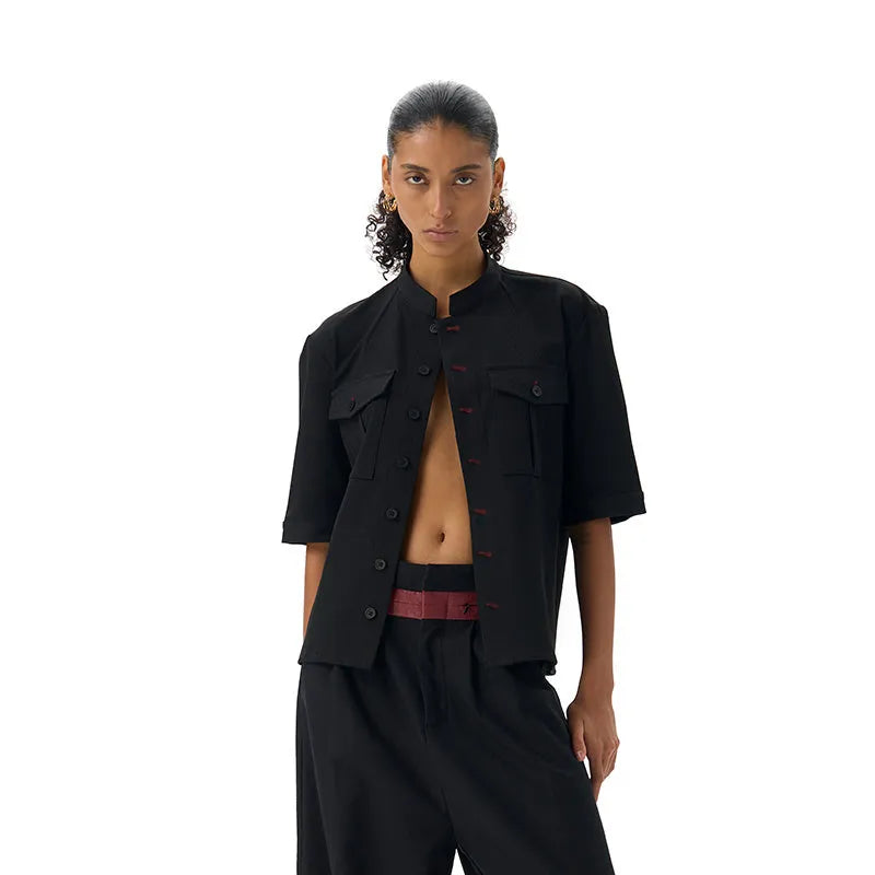 Black loose-fit half-sleeve hunting shirt with a shirt collar and handmade red eye design detail.