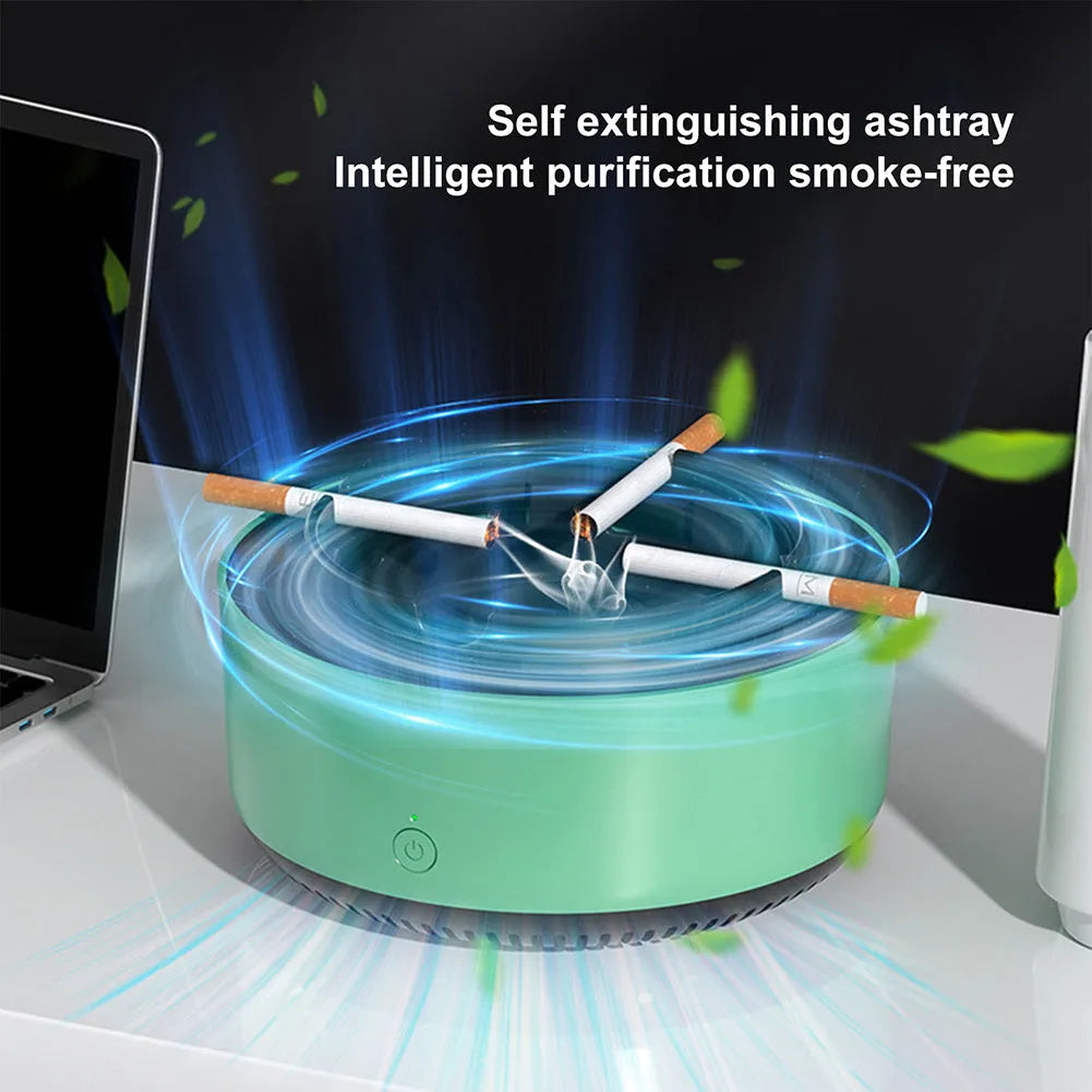 Grey electronic air purifier ashtray with cigarette butt grooves on a table