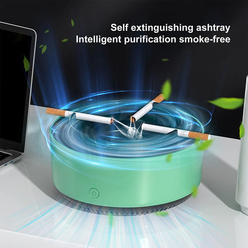 Grey electronic air purifier ashtray with cigarette butt grooves on a table