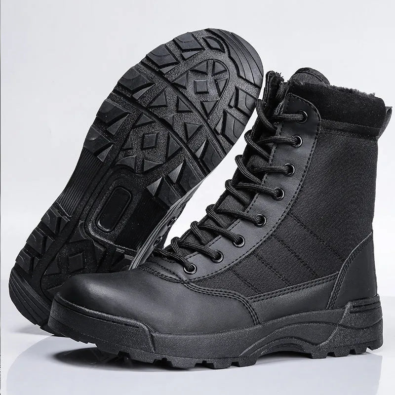 Desert combat boots in black and sand colours microfiber leather unisex outdoor footwear