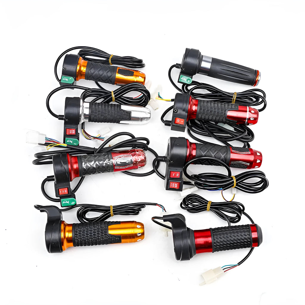 Three-wheel electric car plastic accelerator handle with three-speed selector and optional speaker, shown in red.