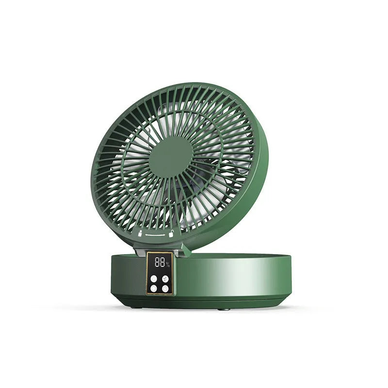 White portable folding fan with remote control showing 90° angle adjustment and detachable cover