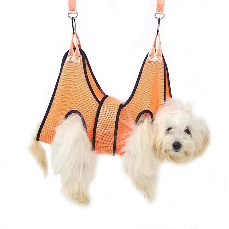 Pet grooming restraint hammock bag for cats shown in three sizes for nail clipping and bath time.