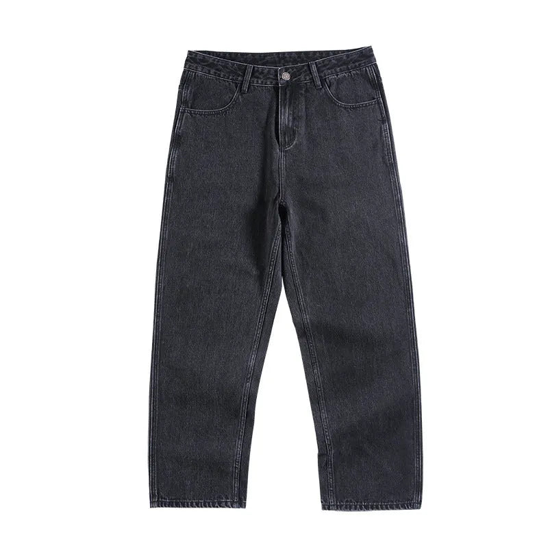 Men's loose fit plus size jeans in black and gray denim, mid waist, sizes 28-42