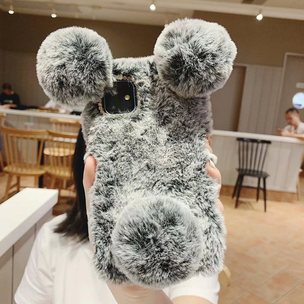 Plush cartoon bear protective phone case for iPhone with TPU back cover in multiple colour options