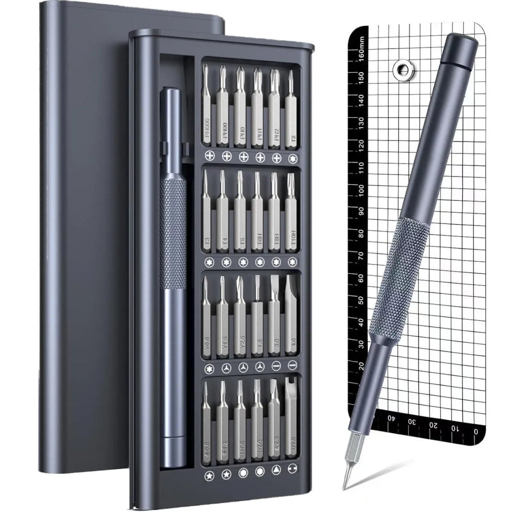 25-in-one magnetic precision screwdriver set with chrome vanadium steel bits and black knurled ABS handle.