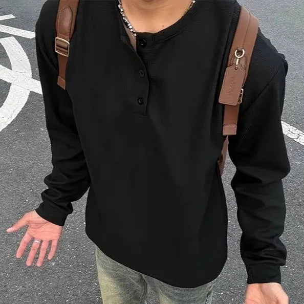 Black American Henry collar long-sleeved men's pullover top, loose fit, solid colour, polyester blend fabric