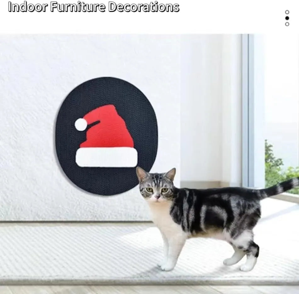 Wall-mounted corrugated cardboard cat scratcher pad with catnip on a white wall