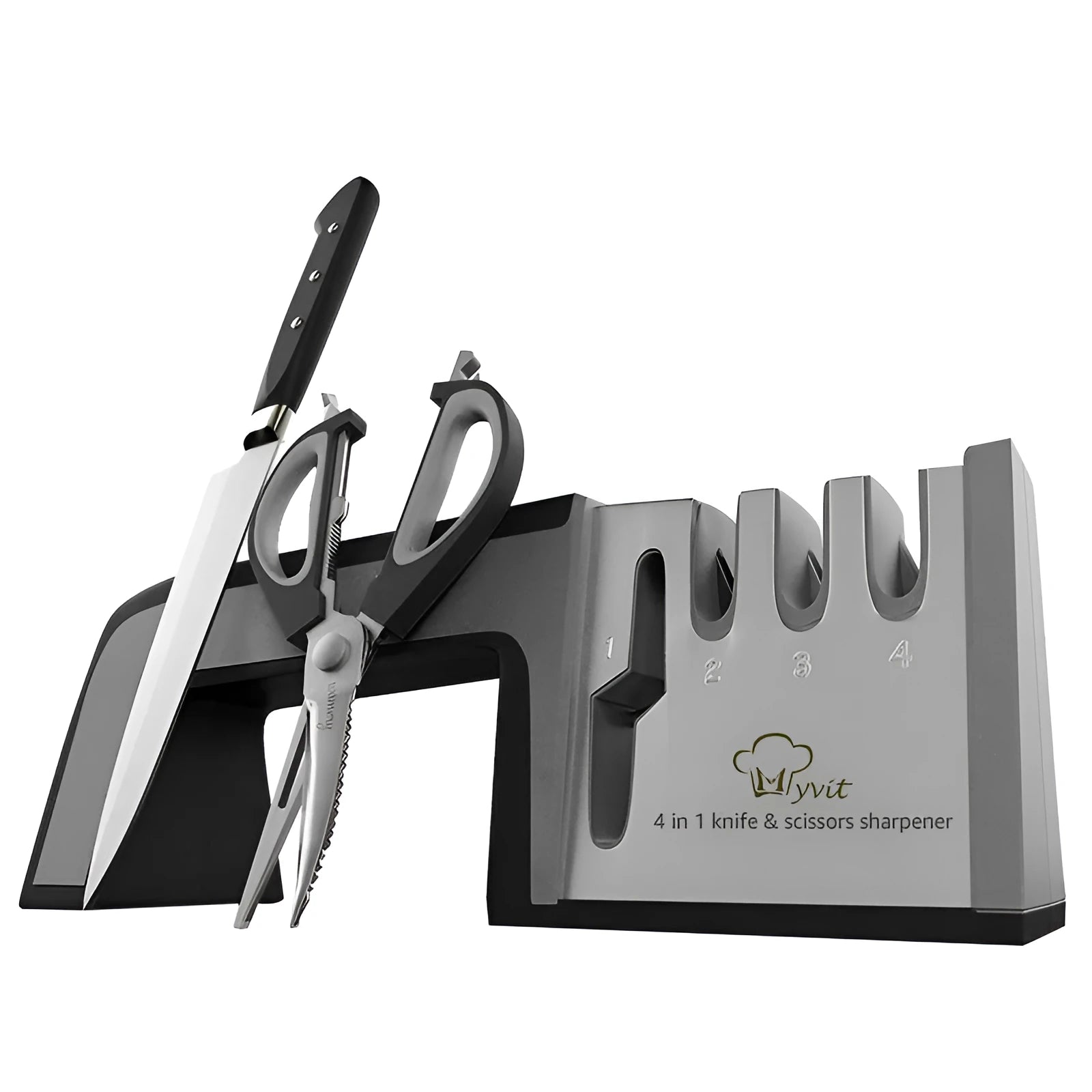 4-in-1 kitchen knife sharpener with TPR handle showing diamond, ceramic and tungsten steel grinding elements