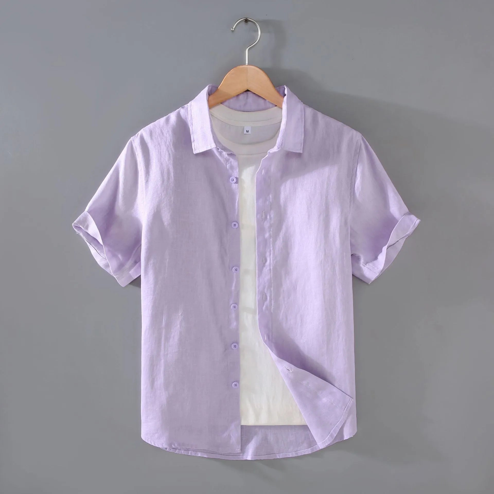 Men's casual short-sleeved linen shirt in cardigan style showing colour options