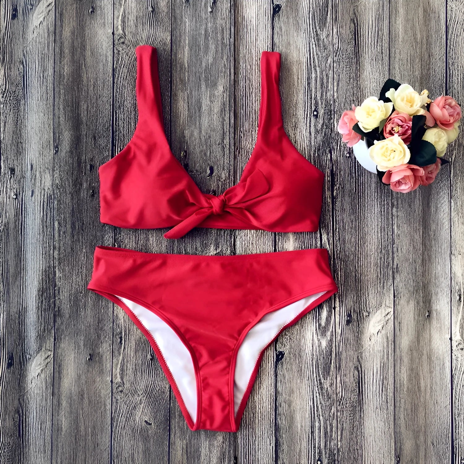 Women's solid colour bikini set in polyester, shown in one of five colour options.