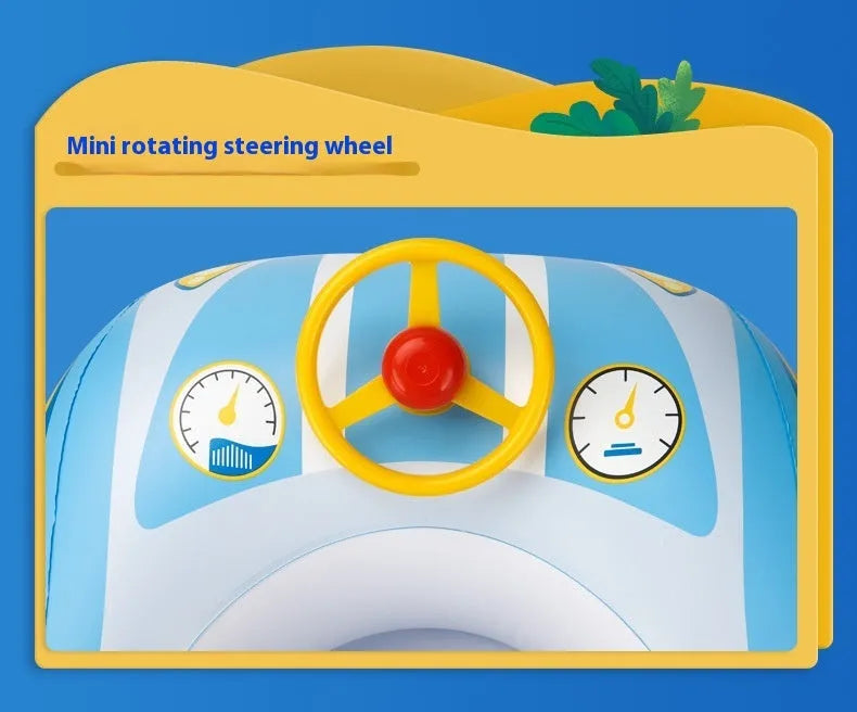 Pink inflatable car-shaped swimming ring with cartoon sports boat design for children.