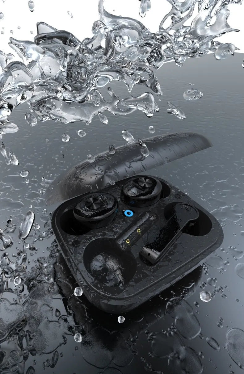 XG15 Bluetooth wireless dual headset in black with charging case and three ear cap sizes