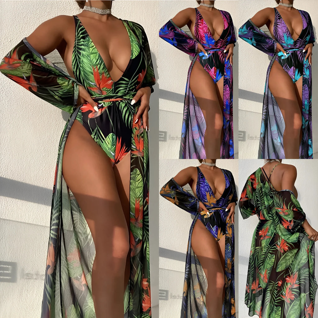 Women's three piece swimsuit set with bikini one-piece and matching coat in polyester fabric