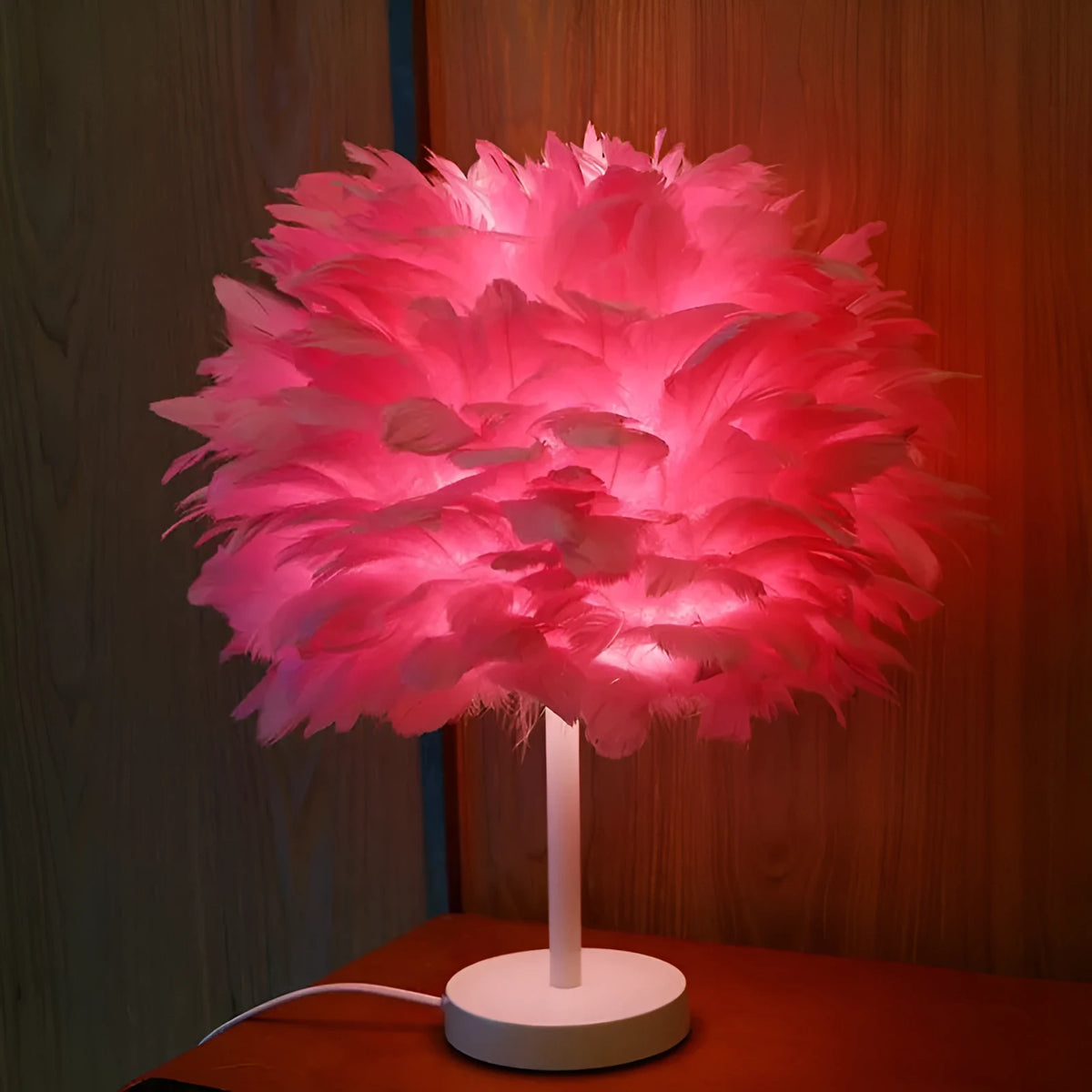 Handmade feather table lamp, about 30cm outer diameter, 40cm height, metal holder, 220V, white pink apricot or grey