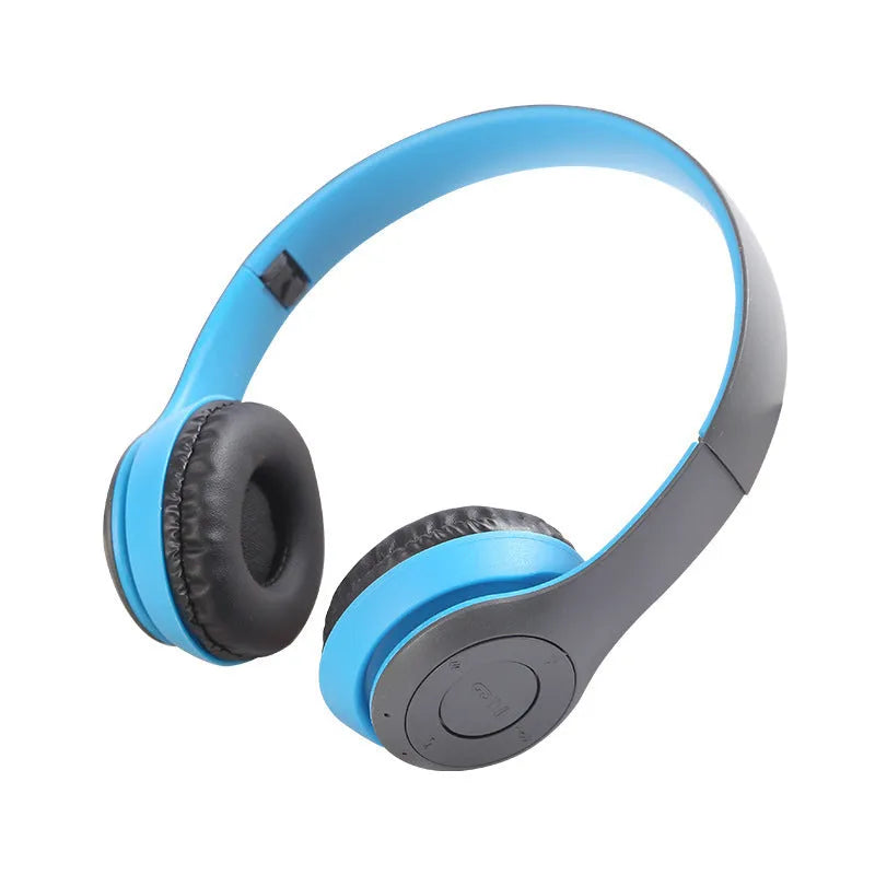 Stereo P47 folding Bluetooth headset in black with over-ear PU ear cups and metal band