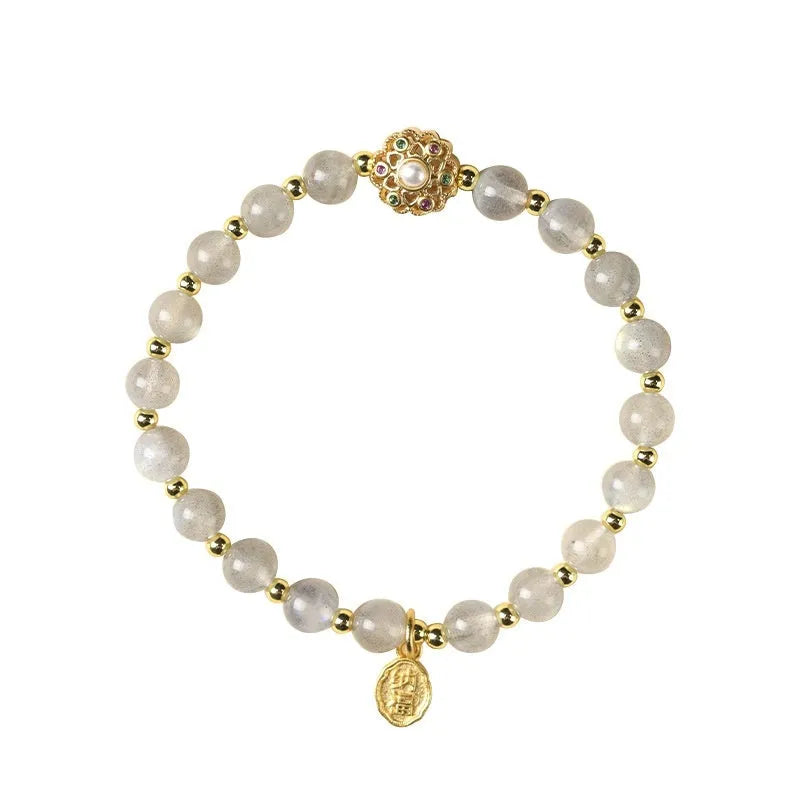 Hand-woven crystal bracelet with grey moonstone, sunstone, and strawberry quartz 6mm beads