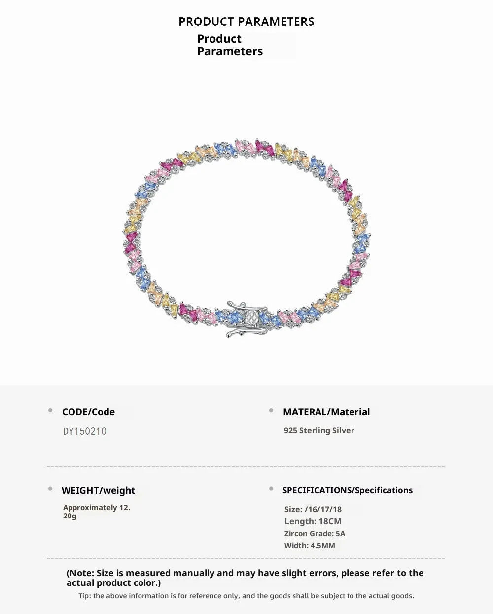 Silver zircon bracelet for women with geometric circle triangle hexagon octagon quadrangle shapes 16cm length